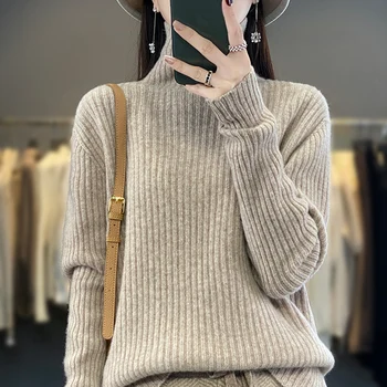 100% Шерстяной кашемировый свитер, женский пуловер с высоким воротом, повседневный вязаный топ, осенне-зимняя женская куртка, Корейская версия моды