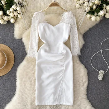 2023 Весна Лето Vestidos Элегантное Корейское кружевное платье в стиле пэчворк, Винтажное облегающее платье-футляр, простые платья для вечеринок