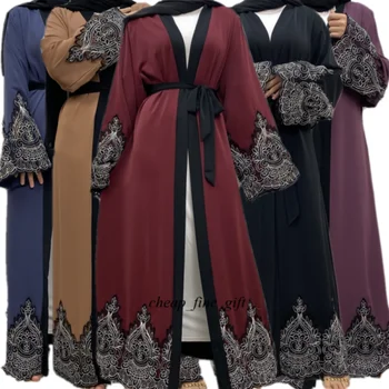 2023, Кимоно с вышивкой на рукавах, кардиган, халат, Дубай, Открытая Абая, Кафтан, мусульманское Платье для женщин, S-2XL