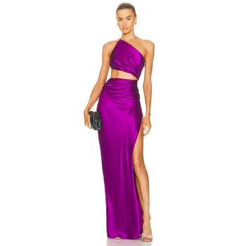 2023 Платье Миди Фиолетового цвета, женское Атласное Облегающее Длинное платье с одним плечом, Модное платье для коктейльной вечеринки, Сексуальное Горячее платье