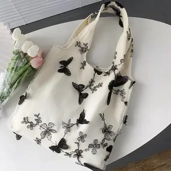 2023 Холщовая сумка с вышитой бабочкой, кружевная сказочная сумка Ins, дорожная женская сумка, холщовая сумка, художественная универсальная сумка через плечо большой емкости
