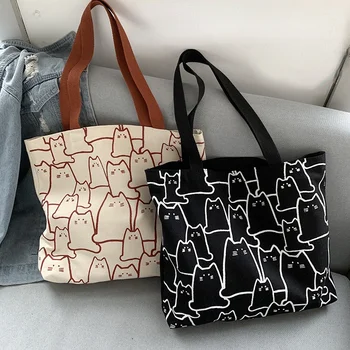 2023 Холщовые сумки, женская сумка для покупок, модная дизайнерская сумка, маленькая эко-сумка на плечо в японском стиле с милыми мультяшными кошками,