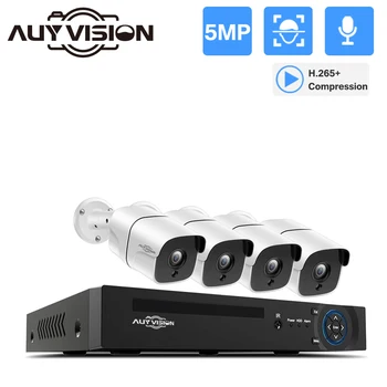 4-Канальный H.265 + POE NVR 5-Мегапиксельная IP-камера Комплект системы видеонаблюдения Наружный Водонепроницаемый Аудио-P2P Набор регистраторов видеонаблюдения