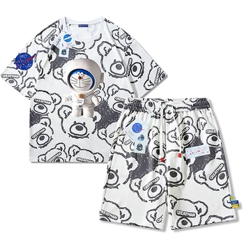 4XL Хлопчатобумажные шорты Harajuku Брючные костюмы Медведь Граффити Астронавт Каваи Комплекты из двух предметов Летняя Негабаритная Мужская Женская подростковая одежда