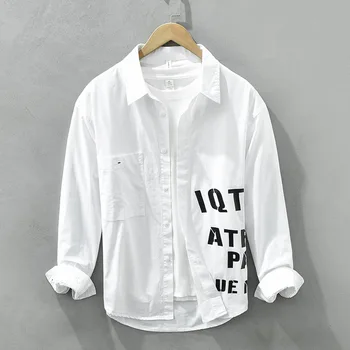 8865 100% Хлопок Мужская Весенняя Новая Мода С Буквенным Принтом Повседневная Свободная Рубашка Для Подростков В Японском Стиле Простая Базовая Черно-Белая Блузка Топы