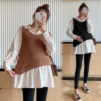 918 # Осенние блузки для беременных в стиле пэчворк в цветном блоке, Корейская модная свободная рубашка с длинным рукавом, одежда для беременных, топы