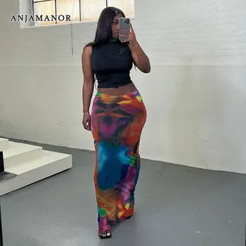 ANJAMANOR, длинные юбки с разноцветным принтом для женщин, летние плавки 2023, модная сексуальная юбка Макси, клубная одежда D85-AH18