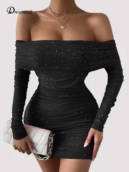 Dressmecb Черные Блестящие Мини-платья Женские с открытой спиной, открытыми плечами и длинными рукавами Осеннее платье 2021 Сексуальная Клубная вечеринка Bodycon Vestidos