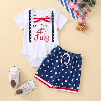 FOCUSNORM День независимости 0-18 м, комплекты одежды из 2 предметов для маленьких мальчиков и девочек, комбинезон с короткими рукавами и буквенным принтом + шорты со звездами