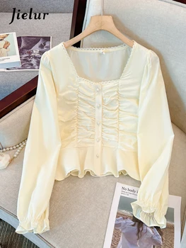 Jielur, Весенняя новая французская однотонная женская блузка, Тонкая женская милая блузка с длинными рукавами, Женский абрикосово-белый Свободный простой топ