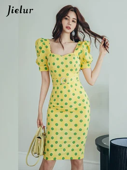 Jielur Летнее новое Корейское женское платье, модное женское платье в горошек с пышными рукавами, Темпераментное платье для пригородных поездок с квадратным вырезом