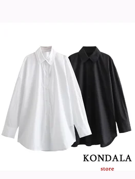 KONDALA Повседневные винтажные однотонные женские рубашки с отложным воротником, однобортная свободная блузка, Мода 2023, Осенние Элегантные рубашки, топы