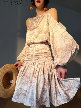 PEIRESA 2023 Новый Летний комплект из 2 предметов, женская блузка с принтом и открытыми плечами, плиссированный мини-костюм трапециевидной формы с высокой талией, модный элегантный костюм Skrit