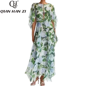 QHZ fashion runway длинное платье с зеленым принтом для женщин, Короткий рукав, Винтажные Листья гортензии, элегантное пляжное платье Макси для отдыха.