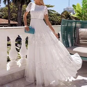 QHZ Летнее дизайнерское женское платье Макси для отпуска, кружевное полое платье с вышивкой, Белое Элегантное Длинное платье