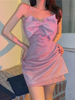 QWEEK Y2k Сексуальное Розовое Платье-комбинация С Открытой Спиной Для Ночной Вечеринки Bodycon Wrap Slim С Открытыми Плечами Мини-Короткие Платья 2023 Наряды