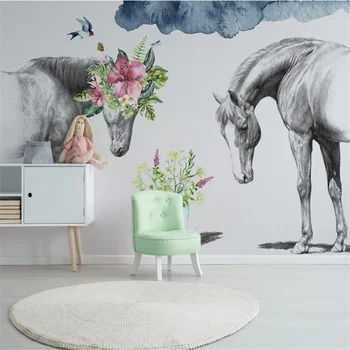 wellyu Настроил большую фреску, креативные цветы в скандинавском стиле, черно-белые обои для пары, лошадь, обои для телевизора