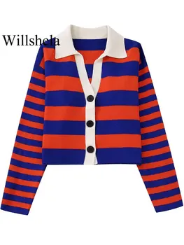 Willshela, Женский модный полосатый однобортный вязаный кардиган, свитер, винтажный вырез с лацканами, Длинные рукава, Женская верхняя одежда
