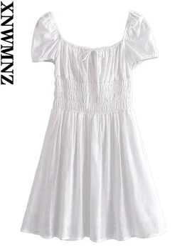 XNWMNZ 2023, Женское модное Белое платье в клетку, квадратный вырез, Короткий рукав, Кружевная резинка на талии, женские шикарные мини-платья