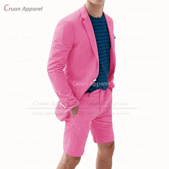 Бежевый льняной костюм для мужчин с шортами, повседневный тонкий блейзер, брюки, 2 шт., сшитый на заказ, Летний деловой свадебный Пляжный смокинг, комплект для смокинга