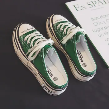 Бело-зеленые парусиновые туфли, Лоферы без застежки сзади, Летние кроссовки, женская обувь для отдыха, универсальная, Однотонная, на неровной подошве 35-40