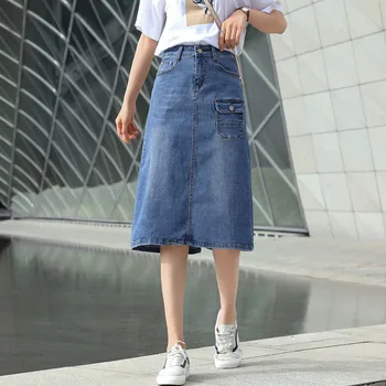 Бесплатная доставка, женская весенне-летняя новинка 2020, джинсовая юбка средней длины, прямая юбка трапециевидной формы XL, эластичная юбка выше колена, сумка на бедрах