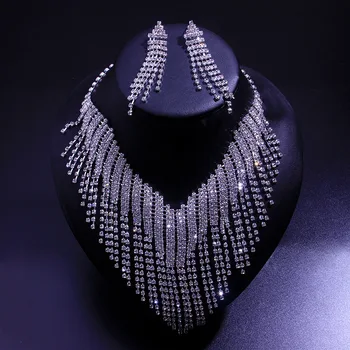Блестящее геометрическое ожерелье с кисточками из горного хрусталя, Серьги для женщин, Комплекты украшений с длинными кисточками, Свадебные банкетные подарки