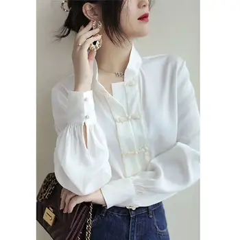 Блузка-рубашка Женская с длинным рукавом, осень 2023, Новая белая рубашка, свободная весенне-осенняя женская шифоновая блузка в китайском стиле, топ