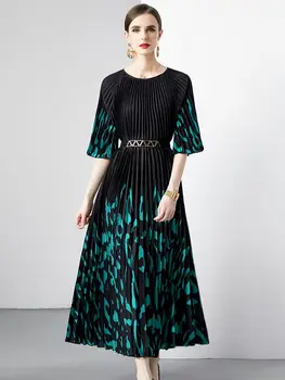 Богемные леопардовые праздничные пляжные платья для женщин винтажных контрастных цветов С коротким рукавом, плиссированные длинные платья