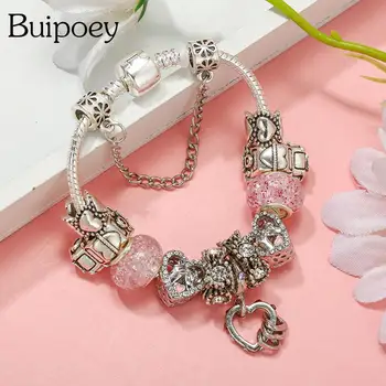 Браслеты с подвесками Buipoey Pink Heart Для женщин, автомобильные браслеты из Бисера Серебристого Цвета, ювелирные изделия