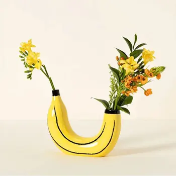 Ваза в форме Банана Скульптура из смолы Настольный Цветочный Горшок с 2 Банками Цветочная Бутылка Настольные Украшения для дома