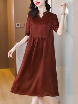 Весна-Лето 2023, Новое Шелковое Винтажное однотонное платье с коротким рукавом, Женское Темно-красное платье с V-образным вырезом, Свободное тонкое Длинное платье