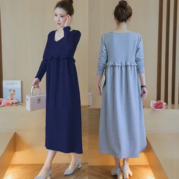 Весна осень одежда беременность грудное вскармливание платья для беременных длинные рукава V-образным вырезом рябить платье уход в корейском стиле