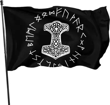 Викинги Мьельнир и Руническое колесо Символ скандинавской мифологии Национальный флаг Наружный Декоративный флаг Садовый флаг Пейзажный флаг 3x5 Футов