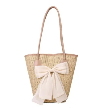 Винтажная женская тканая сумка через плечо, однотонные сумки с кружевной лентой, соломенная сумка для летнего пляжа, бежевые сумки с ручкой