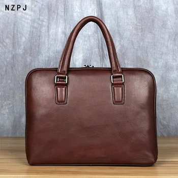 Винтажный мужской портфель верхний слой повседневная сумка из воловьей кожи кожаная деловая сумка через плечо коричневая 14-дюймовая сумка для ноутбука NZPJ