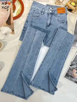 Высокая талия, Двойная пряжка, Тонкие эластичные джинсовые брюки-клеш с разрезом, женские модные универсальные джинсовые брюки полной длины, Новые женские джинсы