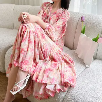 Высококачественное женское шифоновое розовое платье с цветочным рисунком и бантом на шнуровке, свободное пляжное платье для отпуска