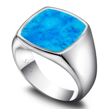 Гладкое мужское кольцо из стерлингового серебра 925 пробы, натуральная голубая Бирюза, кольцо с квадратным камнем, простая классическая печать, роскошные ювелирные изделия, подарок для женщин