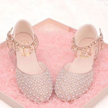 Детские туфли принцессы на высоком каблуке, Новые модные свадебные туфли с мягкой подошвой для девочек, жемчужные, блестящие, с бриллиантами и кристаллами
