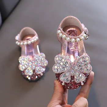Детские Туфли принцессы с блестками и бантом, Детские Серебристо-розовые Кожаные Туфли, Обувь для свадебных танцев для девочек G528