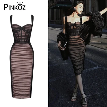 Дизайнерские сетчатые облегающие бретели Pinkoz, сексуальные платья для женщин, высококачественные вечерние платья миди, черные вечерние модные шикарные платья для