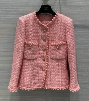 Европейская и американская женская одежда 2023 весна новое модное твидовое пальто с длинным рукавом и однобортным карманом розового цвета