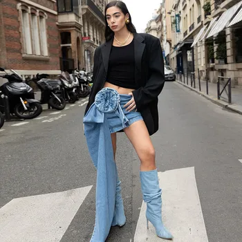 Женская летняя модная короткая джинсовая юбка с 3D цветком, уличный стиль, мини-юбки с высокой талией