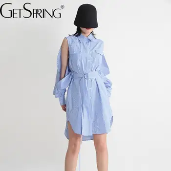 Женская рубашка Getspring 2023 Летняя Свободная рубашка в синюю полоску для отдыха с открытыми плечами, с вырезом на рукаве, Элегантная Длинная женская блузка с поясом