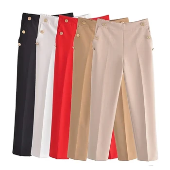 Женские элегантные профессиональные уникальные брюки-карандаш TRAF с эластичным боковым карманом, украшенным пуговицами, модные универсальные брюки Slim Fit