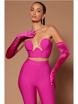 Женский летний сексуальный комплект из трех предметов без бретелек, с открытой спиной, ярко-розовые Черные брюки, бандажный комплект, модный женский комплект от известного дизайнера
