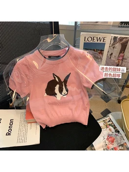 Женский свитер с круглым вырезом и коротким рукавом и принтом милого кролика в стиле ретро, Повседневные трикотажные футболки, Классический Мягкий пуловер в винтажном стиле Harajuku