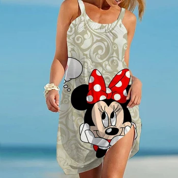 Женское платье Minnie Mouse, элегантные платья в стиле Бохо 2022, слинг, летняя женщина, свободные пляжные Сексуальные без рукавов с рисунком Микки с рисунком Диснея