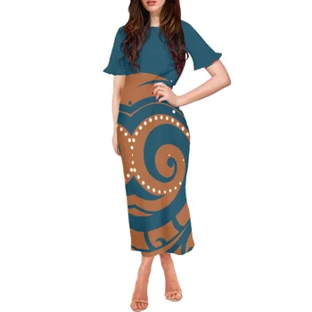Женское платье высокого класса с полинезийским племенным принтом в виде листьев Лотоса, простое модное летнее платье в обтяжку с круглым вырезом для вечеринок